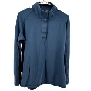 Free Fly Bamboo Fleece Pullover Sweatshirt Button Front Stand Collar Blue Large